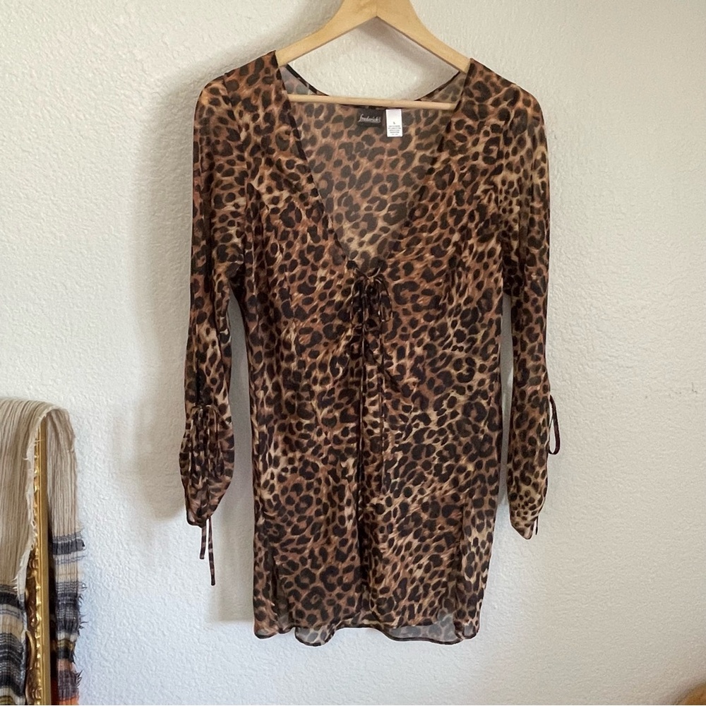 Y2K Vintage Frederick's of Hollywood Leopard Print Top Long Sleeve Sheer Lace Up